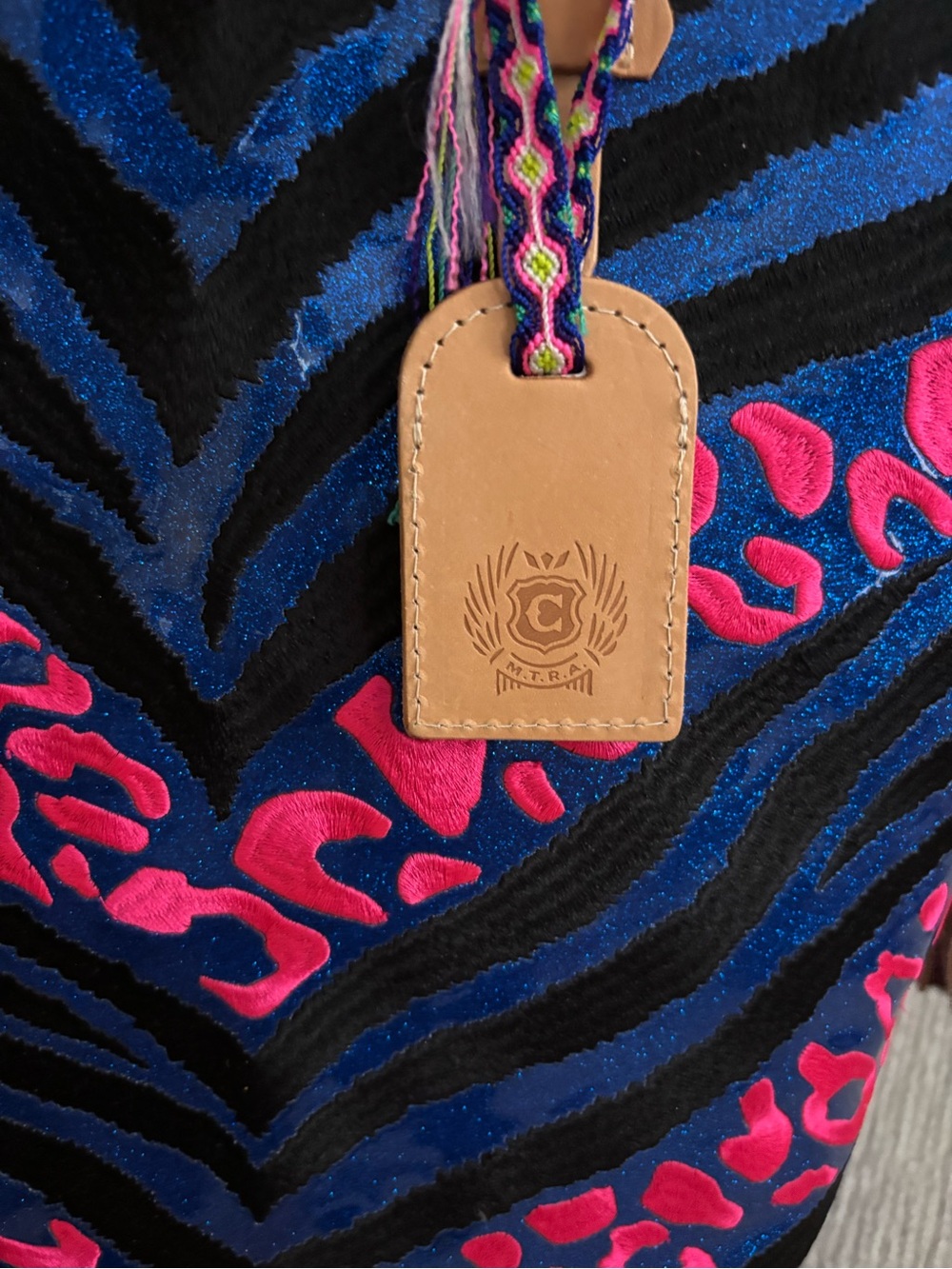 Consuela Liv Sling Bucket Bag Embroidered Blue Pink Zebra Leopard - Picture 10 of 15